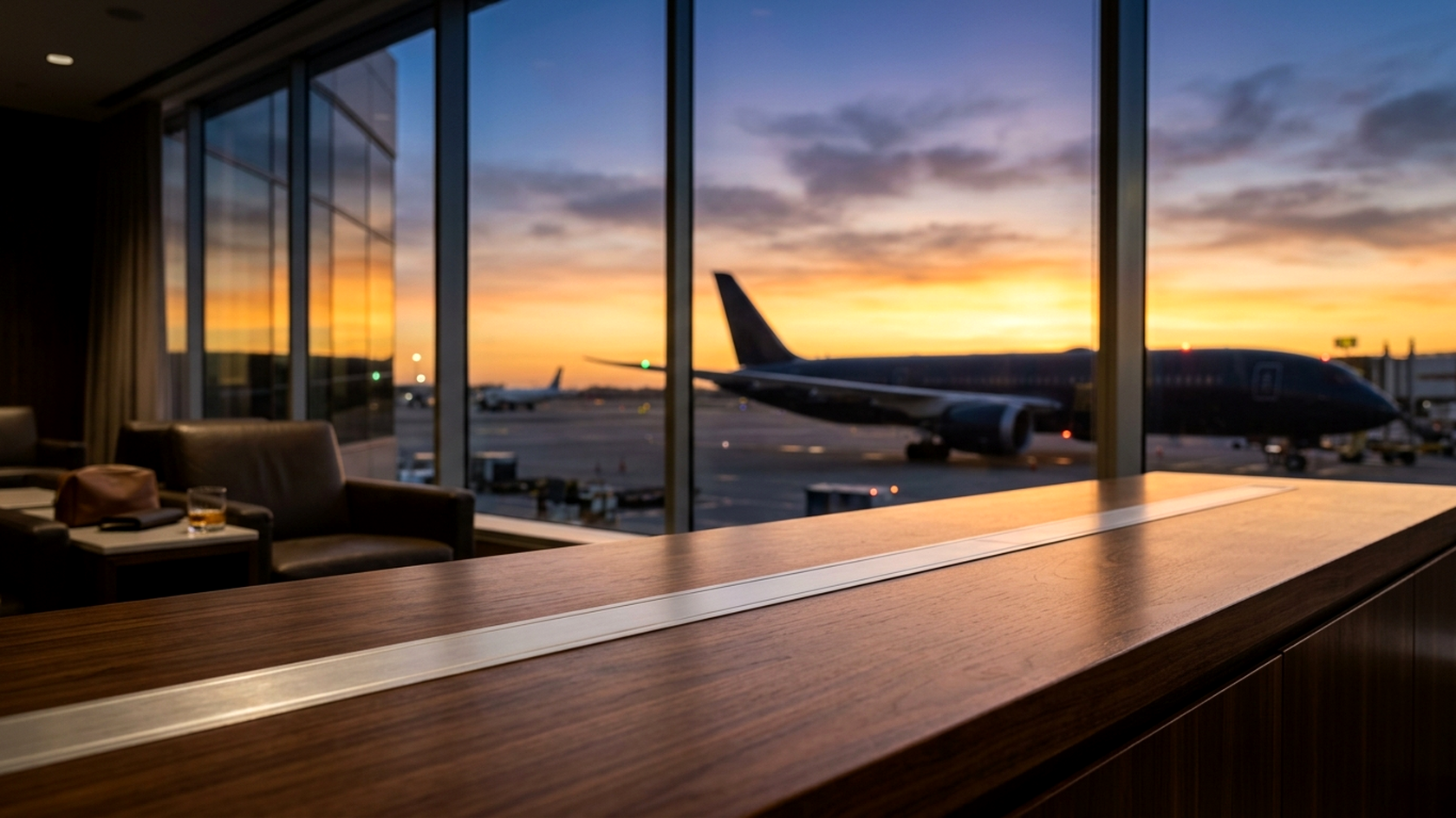 朝焼けの空港ラウンジの大きな窓から駐機場の航空機を望む風景（プラチナカードの空港ラウンジ体験イメージ）